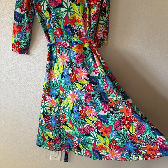 Nina‎ Leonard 3/4 Sleeve Tropical Floral Belted Midi Dress Size S - Picture 5 of 14
